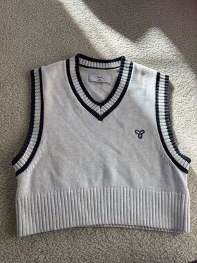 TNA Aritzia V-Neck Knit Vest with Navy Stripe Trim